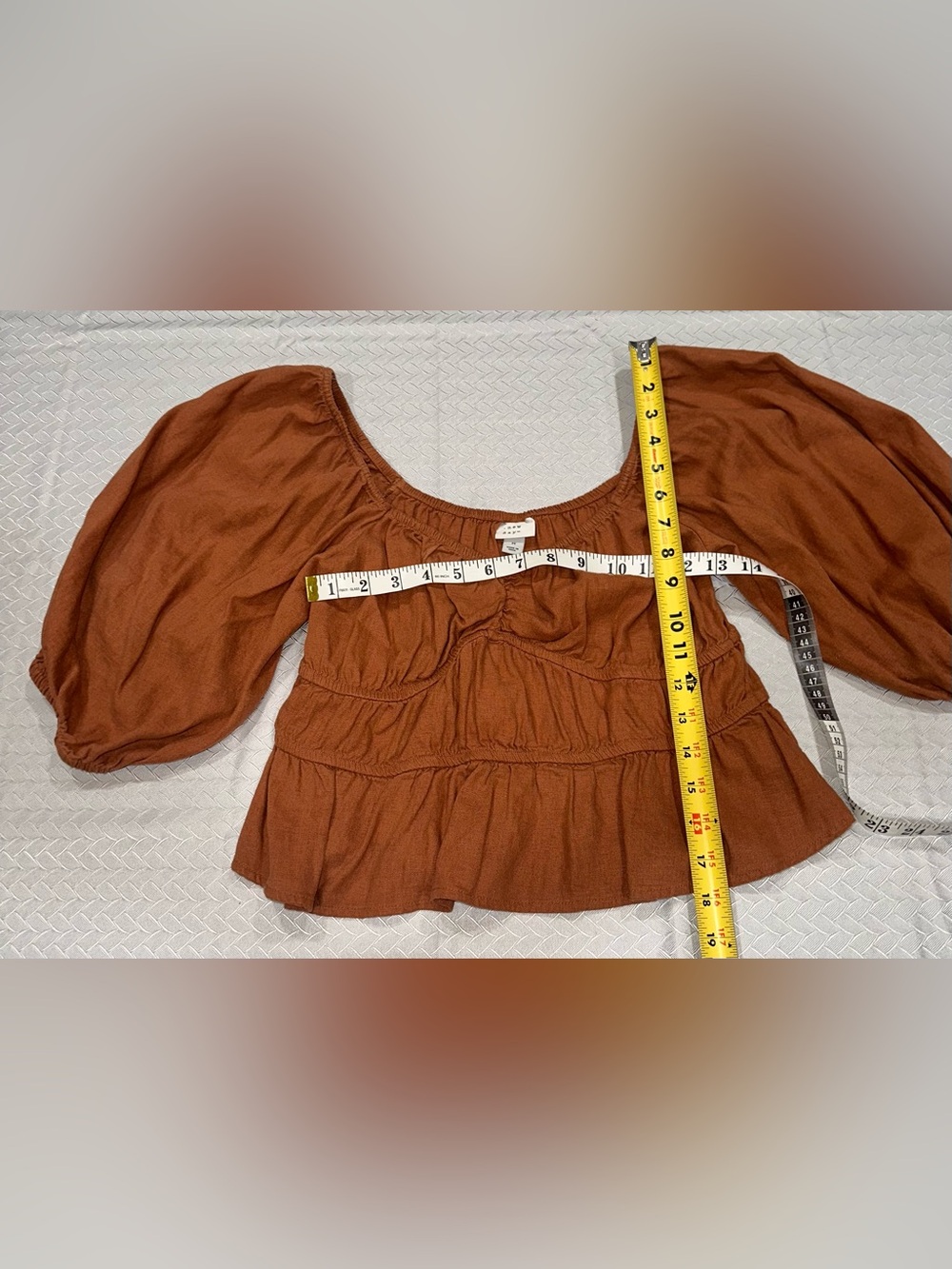 A New Day Linen Rust Puff-Sleeve Peasant Blouse with Tiered Bodice;